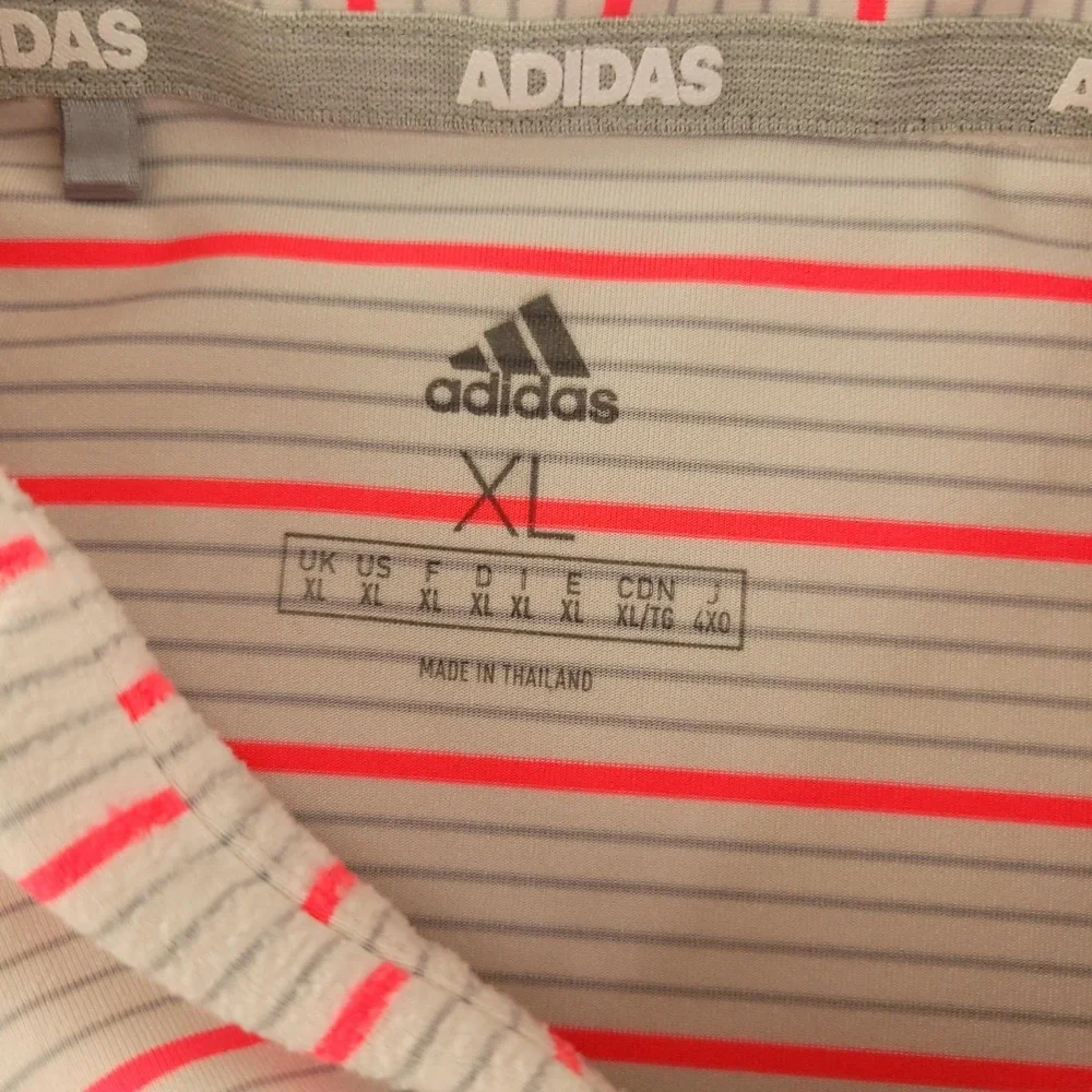 Adidas Polo Shirt Mens XL‎ Pink Stripe Golf Performance Stretch Logo Top